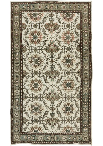 115 x 207 cm El Düğümlü Eski Türk Yün Halısı, Çiçek Desenli El Dokuması Halı
