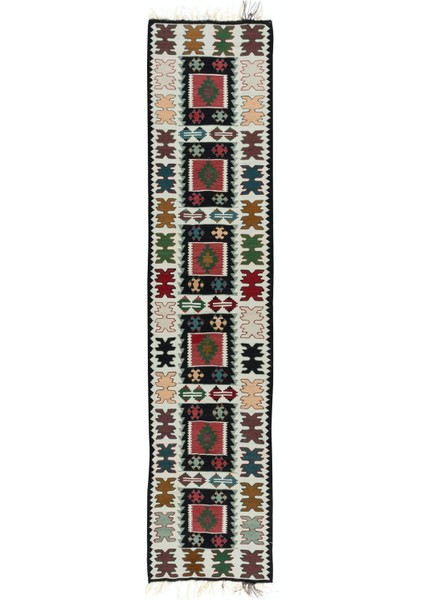 66 x 287 cm Düz Dokuma Renkli Dar Yolluk Kilim, El Dokuma Geometrik Türk Koridor Halısı