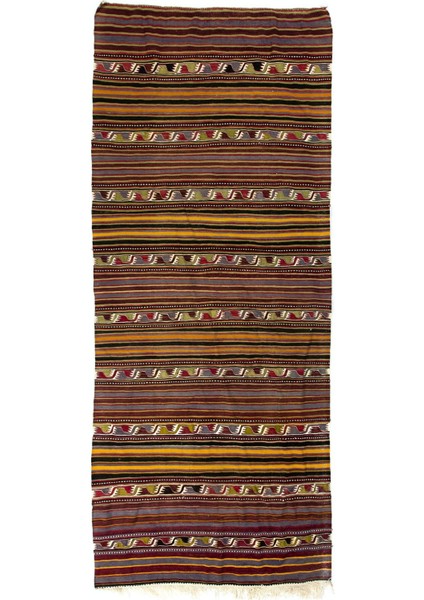 159 x 385 cm Çizgili El Dokuması Eski Türk Yolluk Kilim. Düz Dokuma Yolluk Kilim