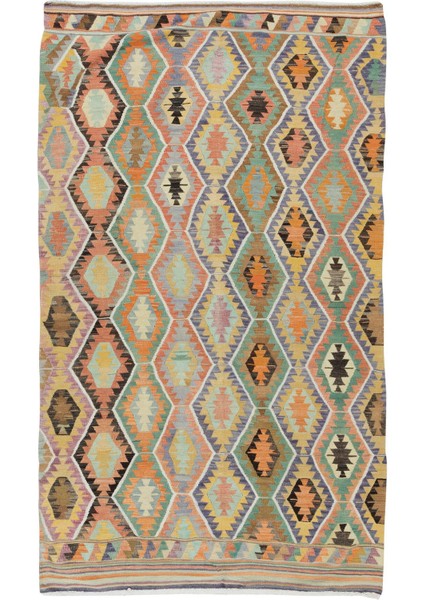 158 x 276 cm Geometrik Desenli Eski El Yapımı Yün Kilim, Düz Dokuma Kilim