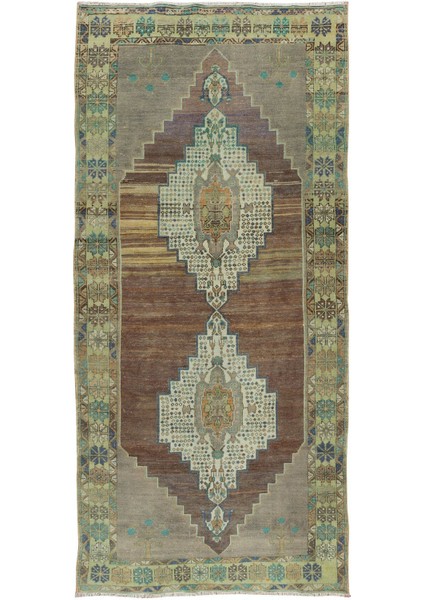 127 x 295 cm Iki Geometrik Madalyonlu, Eşsiz Eski El Yapımı Yünlü Alan Halısı