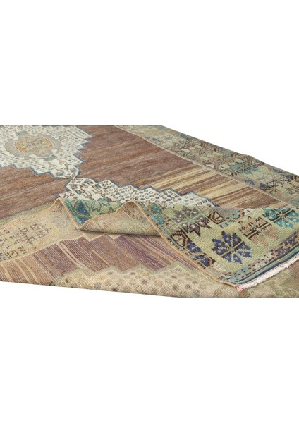 127 x 295 cm Iki Geometrik Madalyonlu, Eşsiz Eski El Yapımı Yünlü Alan Halısı