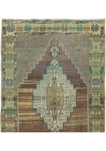 127 x 295 cm Iki Geometrik Madalyonlu, Eşsiz Eski El Yapımı Yünlü Alan Halısı