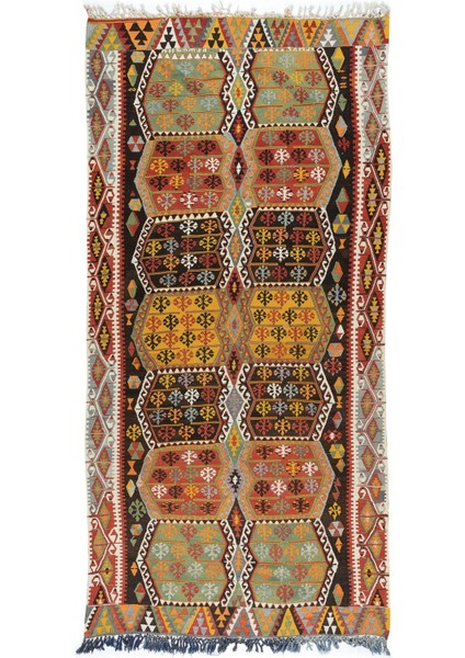 181 x 353 cm Eski El Yapımı Kilim Yolluk, Düz Dokuma Yün Koridor Kilimi. Antre Hol Kilim
