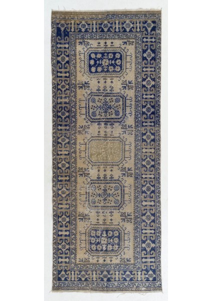 144 x 357 cm Bej ve Lacivert Renklerde El Yapımı Eski Uşak Yolluk Halısı