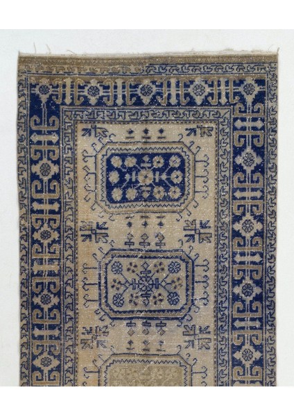 144 x 357 cm Bej ve Lacivert Renklerde El Yapımı Eski Uşak Yolluk Halısı