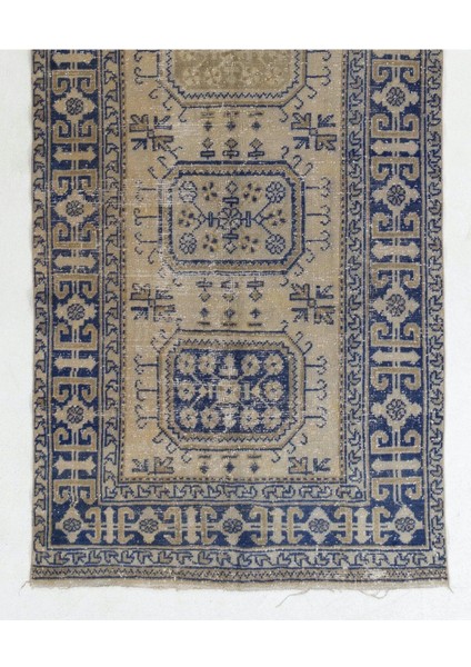 144 x 357 cm Bej ve Lacivert Renklerde El Yapımı Eski Uşak Yolluk Halısı