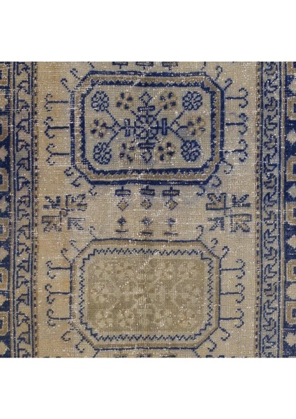 144 x 357 cm Bej ve Lacivert Renklerde El Yapımı Eski Uşak Yolluk Halısı