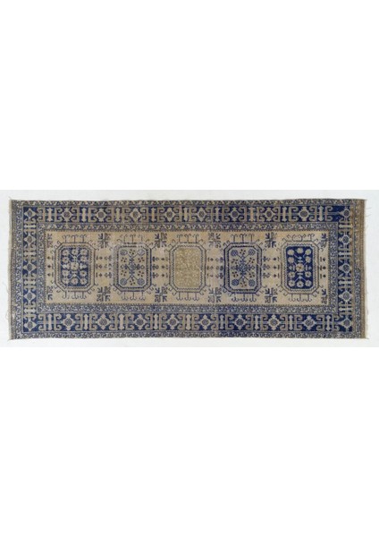 144 x 357 cm Bej ve Lacivert Renklerde El Yapımı Eski Uşak Yolluk Halısı