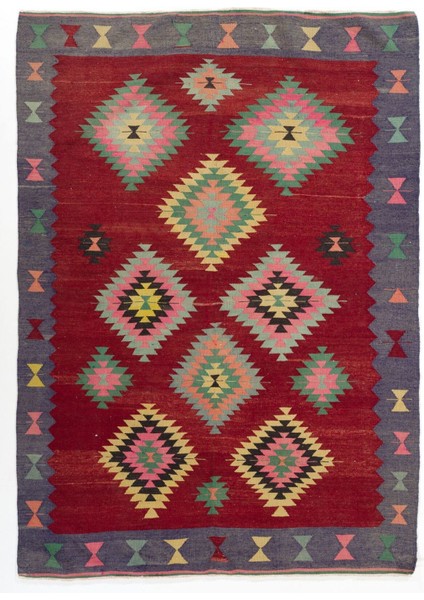 168 x 233 cm Çok Renkli Düz Dokuma Eski Yün Kilim