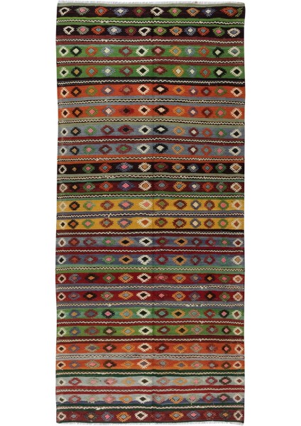 152 x 340 cm El Dokuması Eski Kilim Yolluk. Geometrik ve Çizgili Desenli Koridor Halısı