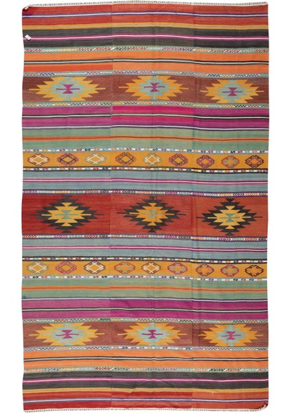 176 x 283 cm Eski El Dokuması Kilim, Yünden Yapılmış Geometrik ve Çizgi Desenli Kilim Halı