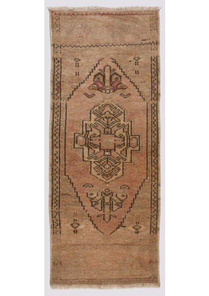 46 x 110 cm Küçük El-Düğümlü Yün Kapı Paspası. Eski El Yapımı Anadolu'dan Küçük Halı