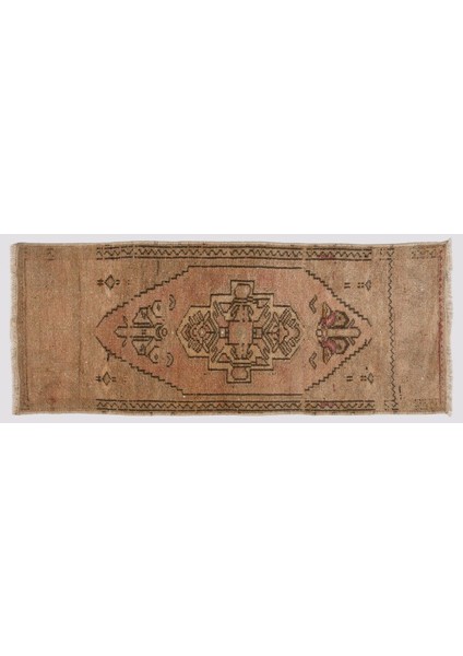 46 x 110 cm Küçük El-Düğümlü Yün Kapı Paspası. Eski El Yapımı Anadolu'dan Küçük Halı