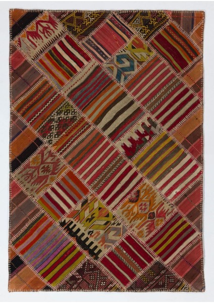 122 x 180 cm Eski El Yapımı Türk Patchwork Kilim (Düz Dokuma), Dekoratif Halı