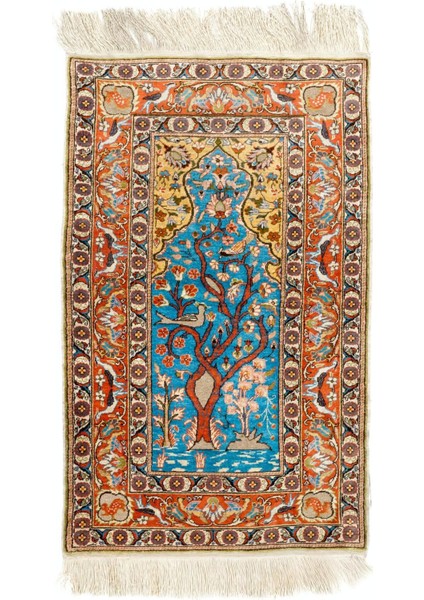 69 x 112 cm Ince Ipek ve Metal Iplik Resimli Halı, Muhteşem Türk Duvar Asılı