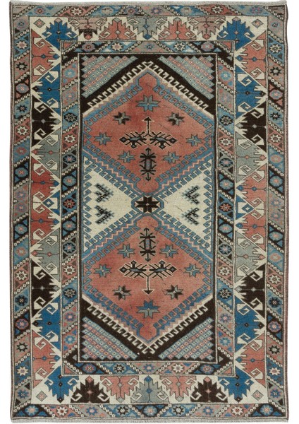 120 x 180 cm Benzersiz Eski El Düğümlü Geometrik Desenli Türk Halısı, Tamamen Yünden Yapılmıştır