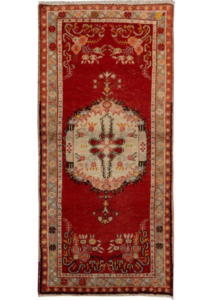 83 x 175 cm Kırmızı ve Bej Orta Yüzyıldan El Yapımı Eski Halı