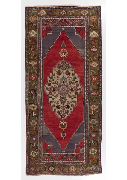 153 x 332 cm Eski Anadolu Yolluk Halı, Kırmızı ve Mavi Tonlarda Geleneksel Yün Oryantal Halı
