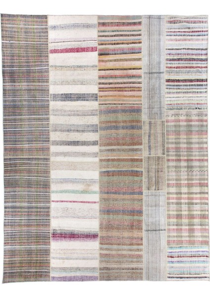 380 x 500 cm Eski Dekoratif El Dokuması Kilim, Pamuk Çaput, Büyük Ölçü ve Çizgi Desenli Kilim