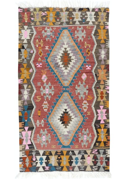 80 x 145 cm Geometrik Desenli Renkli Eski Isveç Iskandinav Küçük Kilim, Yünden Yapılmıştır