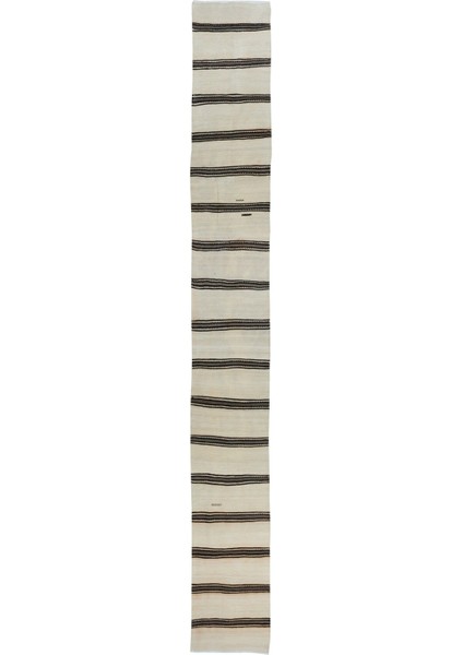66 x 536 cm Siyah Gri Çizgili Krem Renkli El Dokuma Anadolu Dar Uzun Yolluk Kilim, Koridor Kilimi