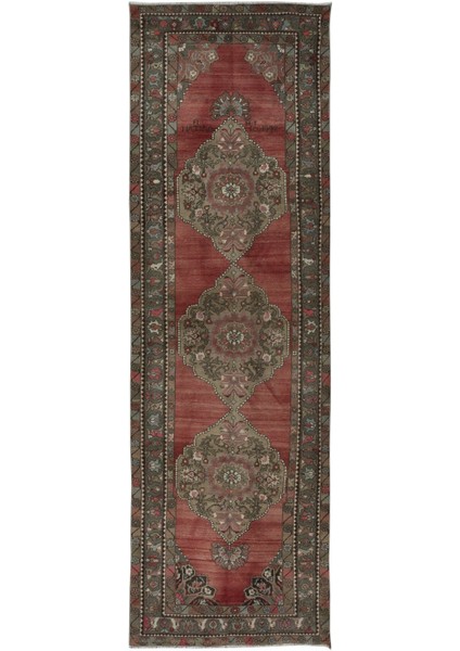 119 x 377 cm Geleneksel Eski El Yapımı Türk Koridor Halısı Madalyonlu, Yün