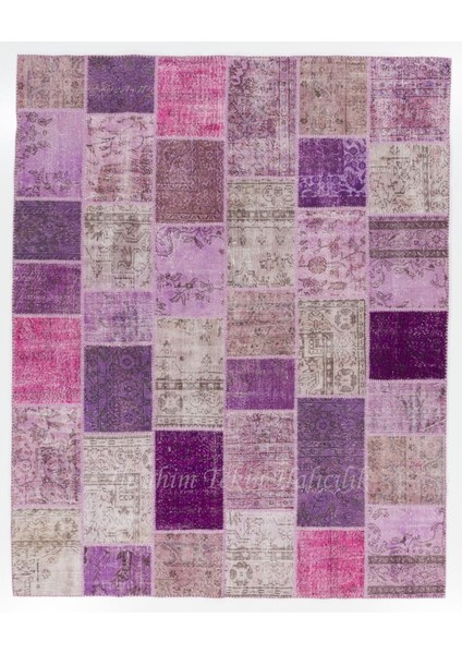 244 x 305 cm Mor ve Pembe Renkli El Dokuması Patchwork Halı, Modern Halı