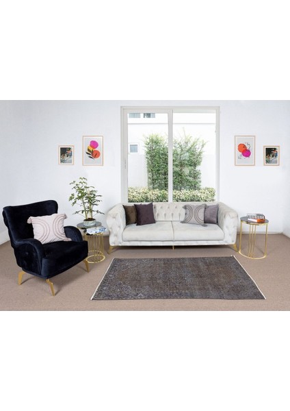 111 x 209 cm El Dokuması Yeniden Boyanmış Eski Türk Halısı, Modern Kahverengi El Yapımı Halı