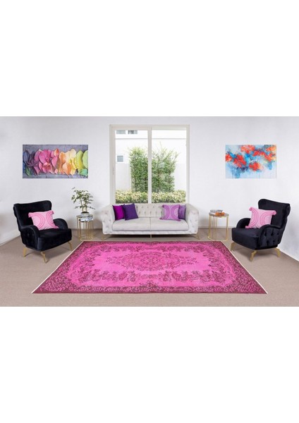 175 x 292 cm El Dokuması Yeniden Boyanmış Eski Türk Halısı, Çağdaş Pembe El Yapımı Yünlü Halı