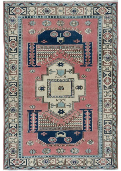 140 x 194 cm Geometrik Desenli Eski El Dokuma Türk Bölge Halısı, Yün