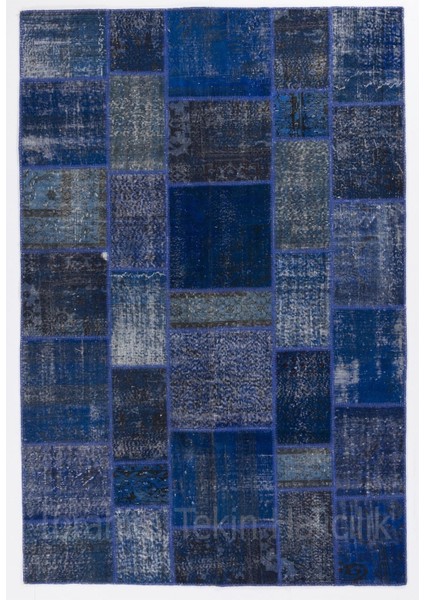 200 x 300 cm Mavi Tonlarda El Dokuması Patchwork Halı, Modern ve Otantik Patchwork