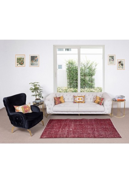 118 x 211 cm El Dokuması Yeniden Boyanmış Eski Türk Halısı, Modern Kırmızı El Yapımı Yünlü Halı