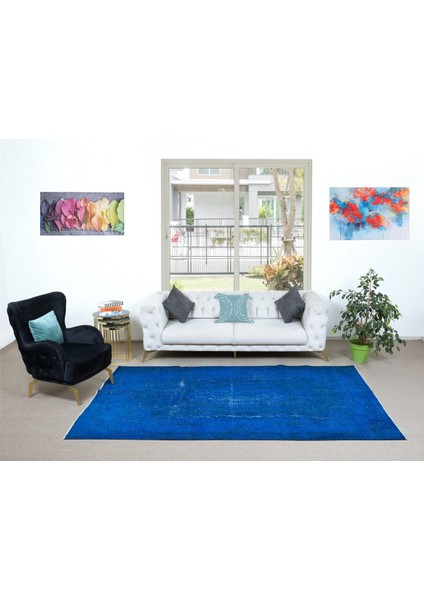 186 x 298 cm Yenilenmiş Mavi El Yapımı Halı, Modern Yün ve Pamuktan Yapılmış Eski Halı