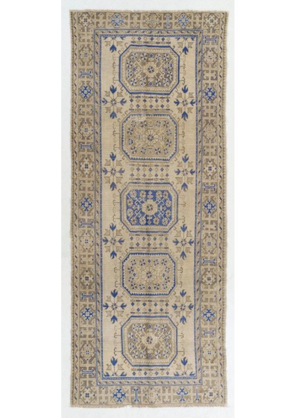 144 x 360 cm Eski El Yapımı Anadolu Uşak Yolluk Halısı. Koridor Için Yün El-Düğümlü Halı