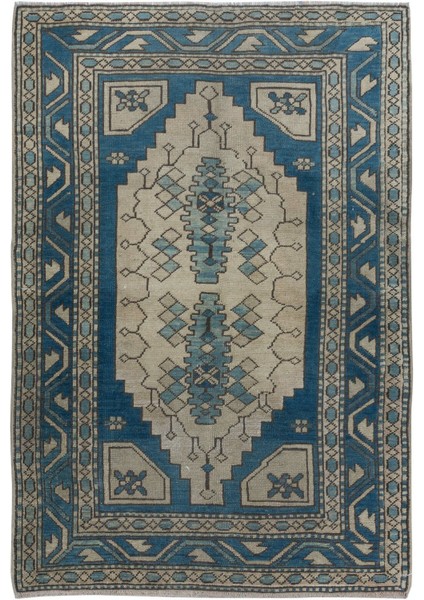 122 x 180 cm Lacivert & Bej Eski Türk Halısı, El Yapımı Köy Halısı, Tamamen Yün