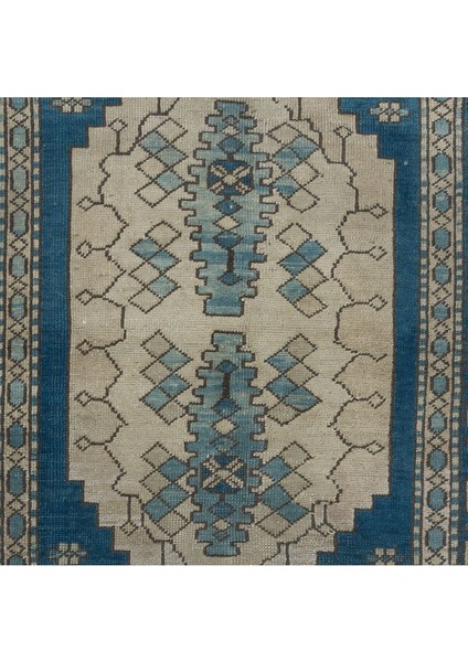 122 x 180 cm Lacivert & Bej Eski Türk Halısı, El Yapımı Köy Halısı, Tamamen Yün