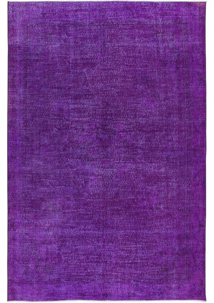 220 x 331 cm Yeniden Boyanmış Mor El Dokuma Halı, El Yapımı Eski Halı