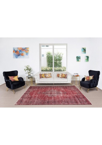 202 x 297 cm El Dokuması Yeniden Boyanmış Eski Türk Halısı, Modern Kırmızı El Yapımı Yünlü Halı