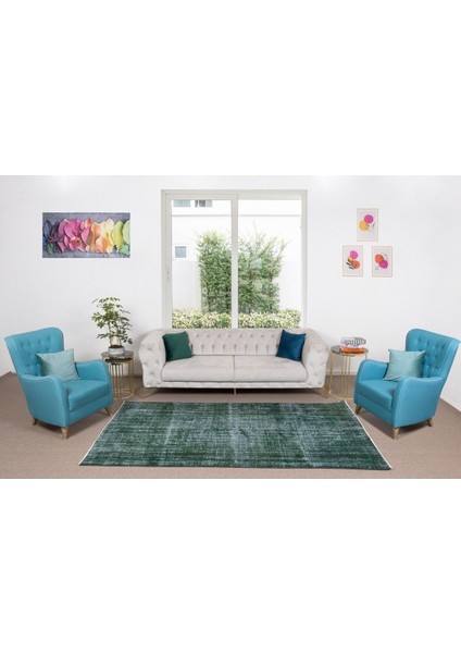 180 x 275 cm El Dokuması Yeniden Boyanmış Eski Türk Halısı, Modern Yeşil El Yapımı Yünlü Halı