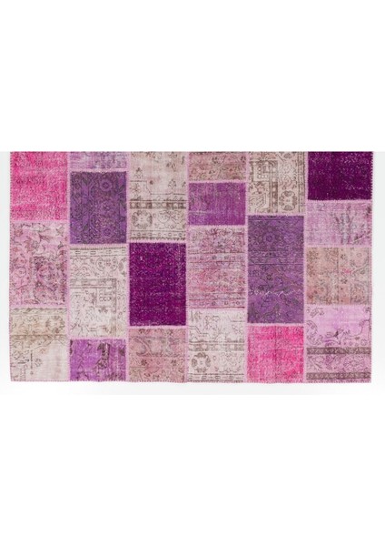 244 x 305 cm Mor ve Pembe Renkli El Dokuması Patchwork Halı, Modern Halı modelleri
