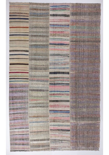 311 x 515 cm Eski Çizgi Desenli El Dokuması Kilim. Düz Dokuma Çaput Halı. Renkli Kilim