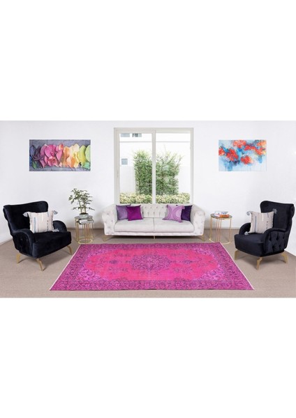 183 x 297 cm Pembe Renkli Yünlü Halı Modern El Dokuması Yeniden Boyanmış Eski Anadolu Halısı
