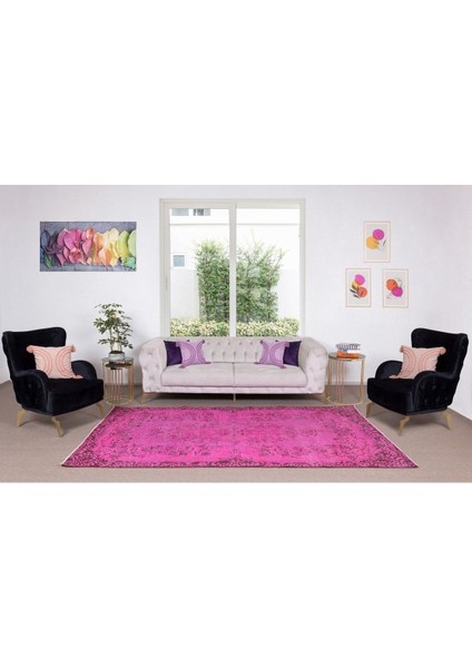 170 x 297 cm El Dokuması Yeniden Boyanmış Eski Türk Halısı, Çağdaş Pembe El Yapımı Yünlü Halı