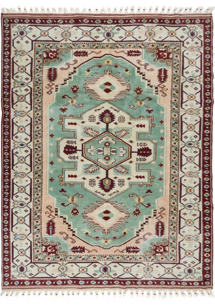 193 x 245 cm Dekoratif El Yapımı Alan Halısı, Saçaklı Çağdaş Ev Dekoru Için Yeşil Halı, Yün