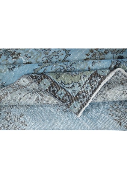 193 x 285 cm Mavi El Yapımı Halı, Yenilenmiş Yün ve Pamuktan Yapılmış Eski Çiçekli Halı