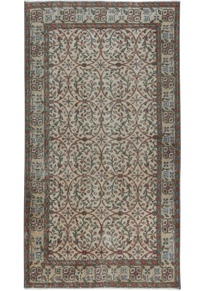 115 x 205 cm Tamamı Çiçek Desenli Bej Eski El Düğümlü Anadolu Halısı