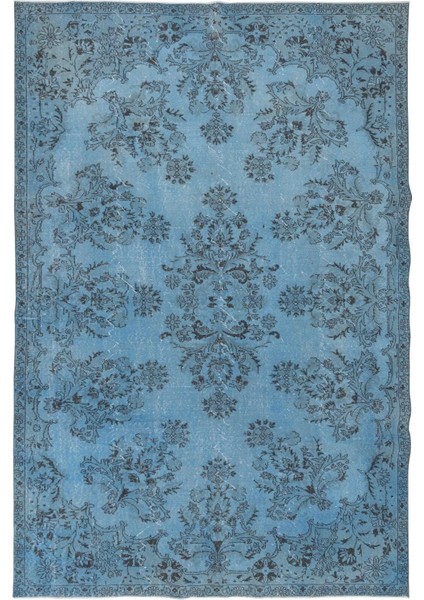 214 x 321 cm Açık Mavi El Dokuması Büyük Halı, El Düğümlü Alan Halısı, Eski Türk Halısı
