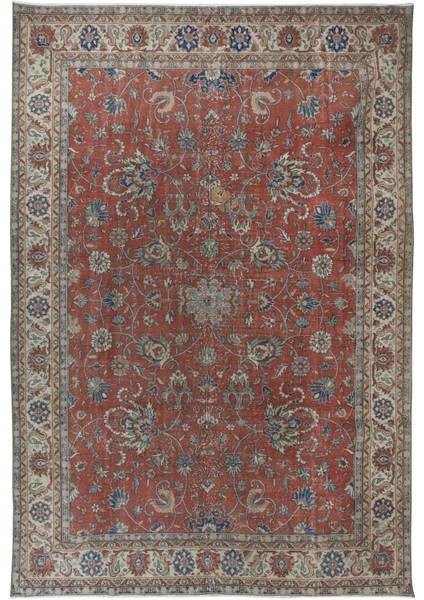 238 x 342 cm Botanik Desenli Kırmızı ve Bej Romantik Eski El Yapımı Türk Büyük Halısı