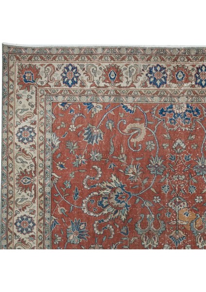 238 x 342 cm Botanik Desenli Kırmızı ve Bej Romantik Eski El Yapımı Türk Büyük Halısı